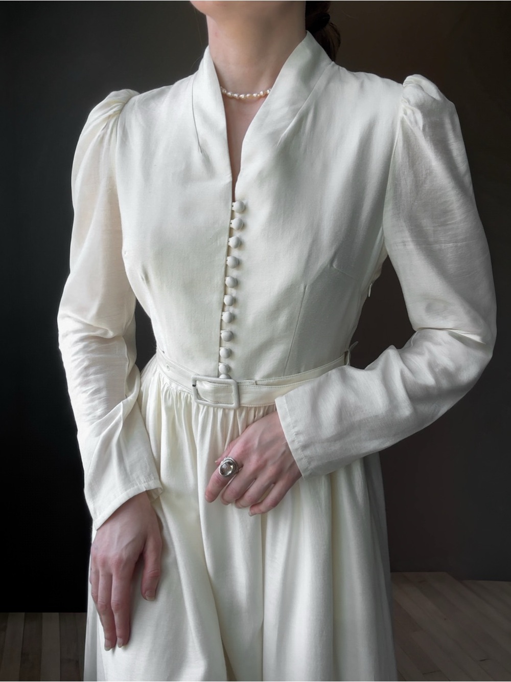 Cream Long-Sleeve Button Front Vintage-Inspired Dress